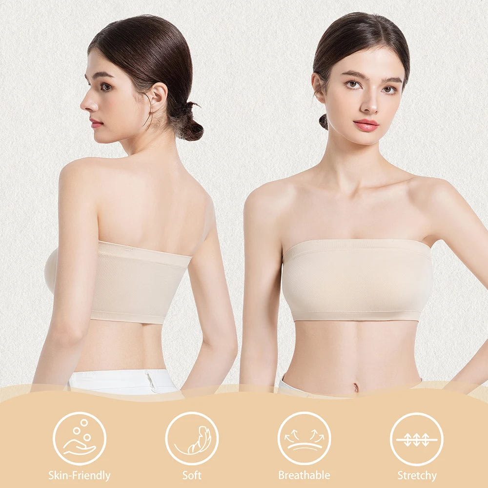 Women Tube Strapless Bra Chest Wrap Bandeau Unlined Seamless Breathable Comfortable Underwear Tops with Clear Straps
