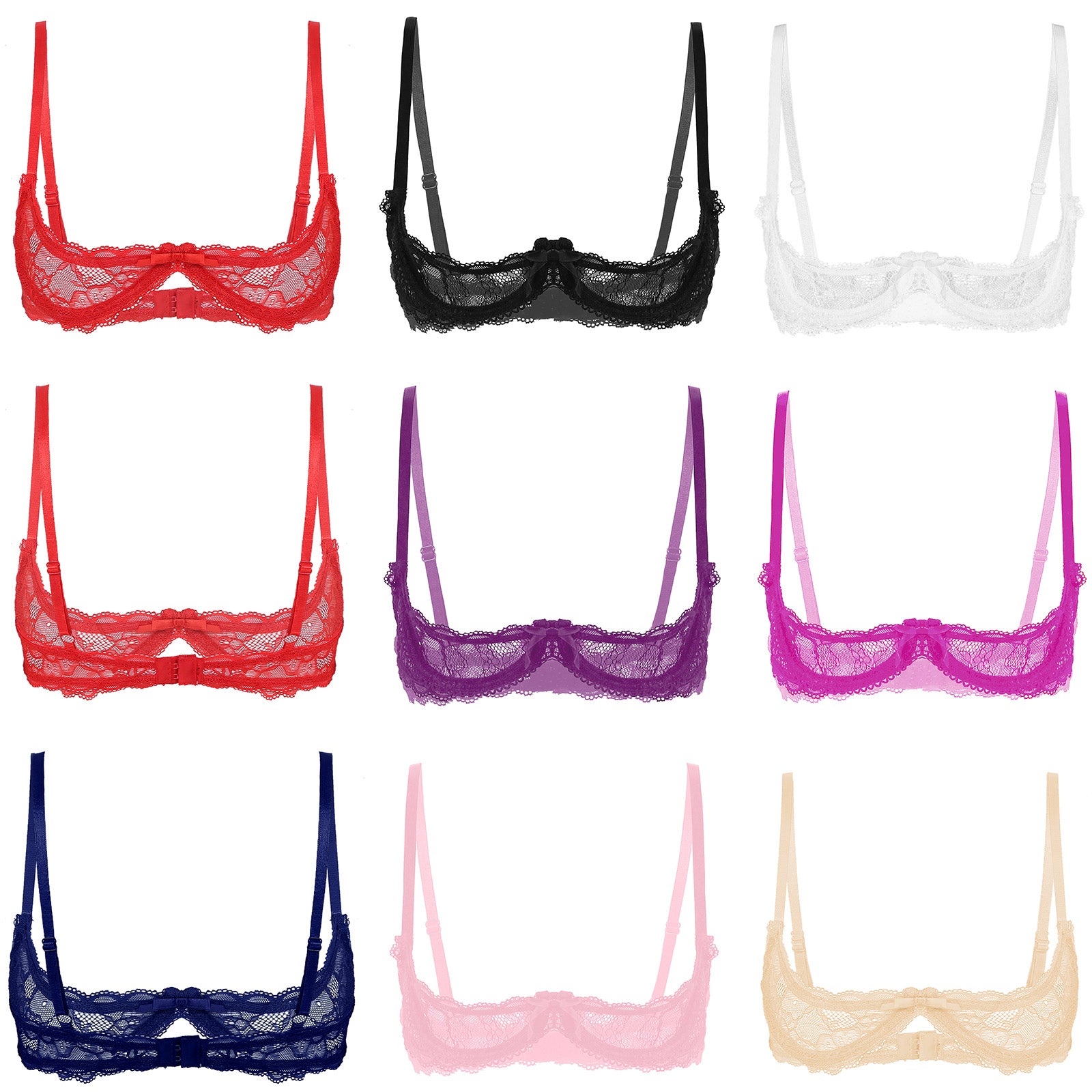 Womens Sexy Lace 1/4 Cups Unlined Bra See Through Mesh Push Up Underwired Brassiere Non Padded Balconette Bras Lingerie Tops