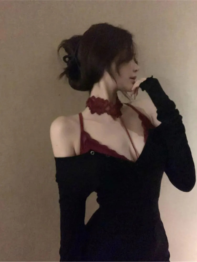 Sexy Lace 2 Piece Set Off Shoulder Long sleeve T-shirt Women Halter Corset Top Cami Top Set Basic Blouse Evening Party Outwear