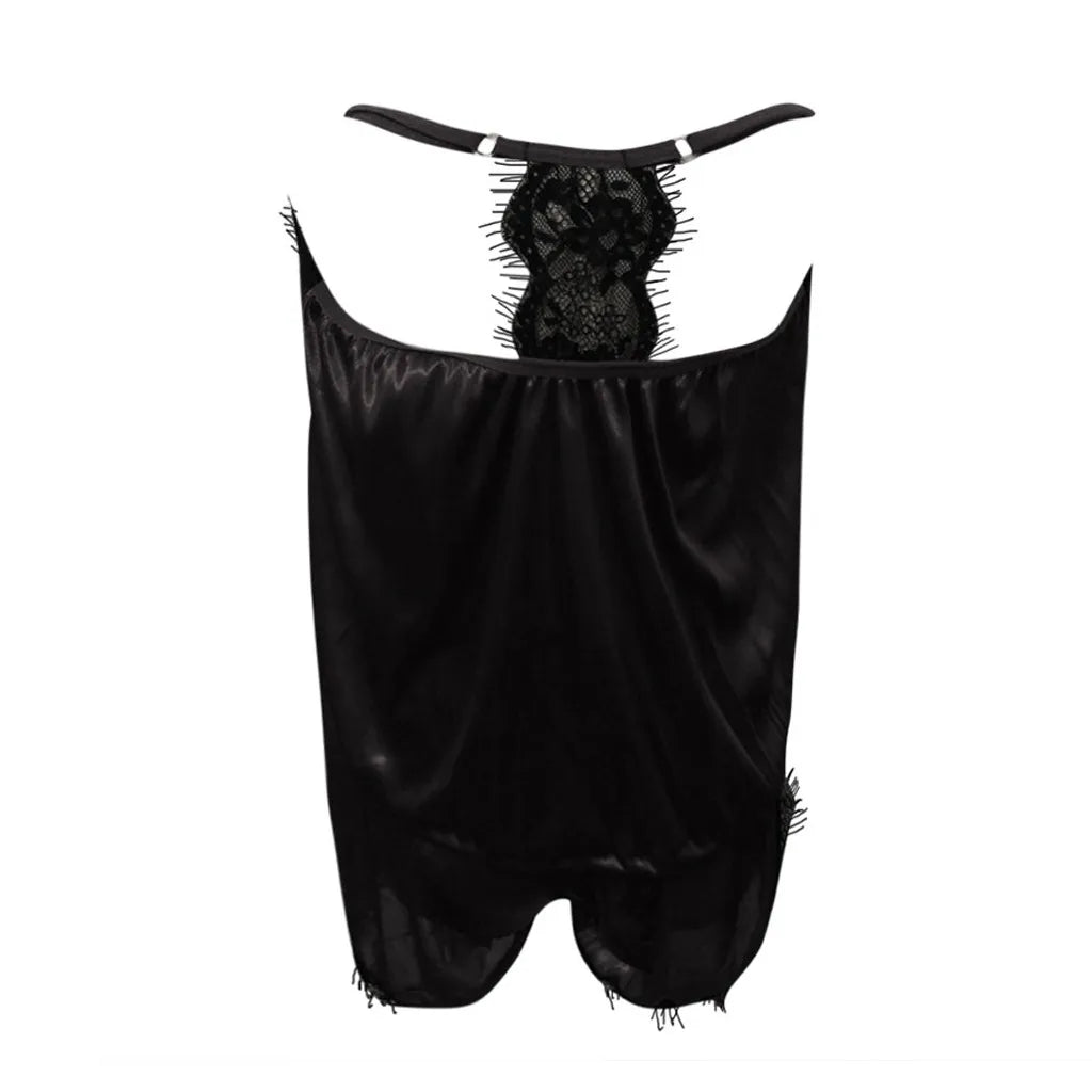 Sexy Lingerie Women Sleepwear Sleeveless Strap Nightwear Trim Satin Cami Top Pajama Sets Sexy-porn Body Lingerie Women