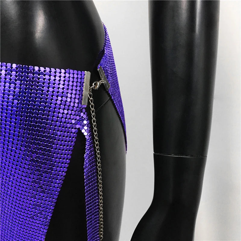 Sexy Metal Sequins 2 Piece Set Women Sleeveless Deep V Neck Backless Halter Tank Tops Split Mini Skirts Beach Party Outfits