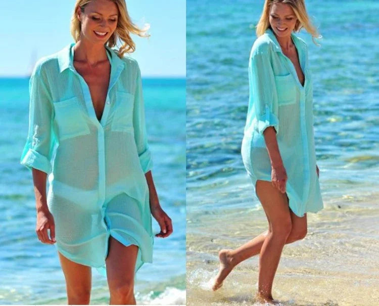 Sunscreen Bikini Cover-ups Summer Swimwear Shirt Women Swimsuit Beach Cover Up Boho Beachwear Solid White Dresses