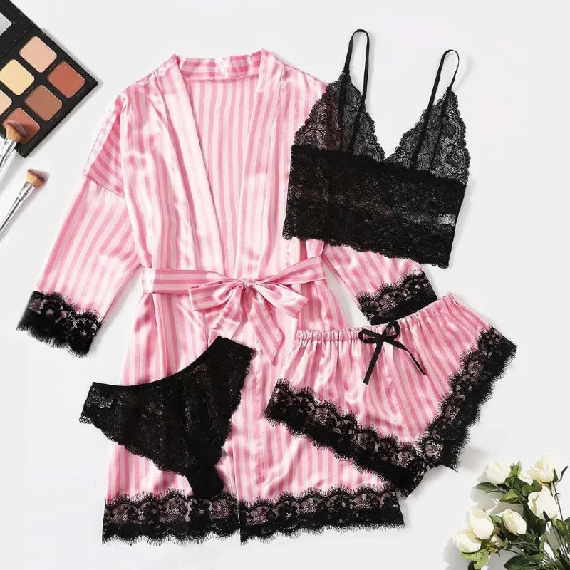 4PCS Satin Pajama Set with Robe - Lace Trim Cami Top & Shorts, The Viral Must-Have Elegant Loungewear for Women's Sleepwear