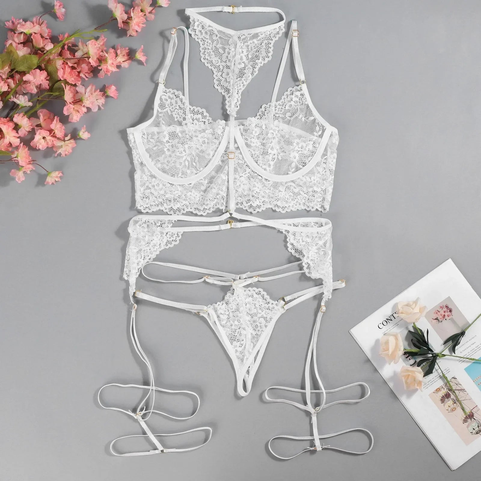 Porn Women Sexy Lingerie Sets Lace Halter Bra Bodysuit Garter Underwear Intimate Erotic Babydolls Sex Costumes Set