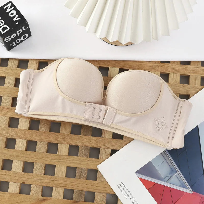 Strapless Non Slip Invisible Bra for Women Front Closure Adjustable Push Up Bra Bralette with Breathable Gather Backless Bra