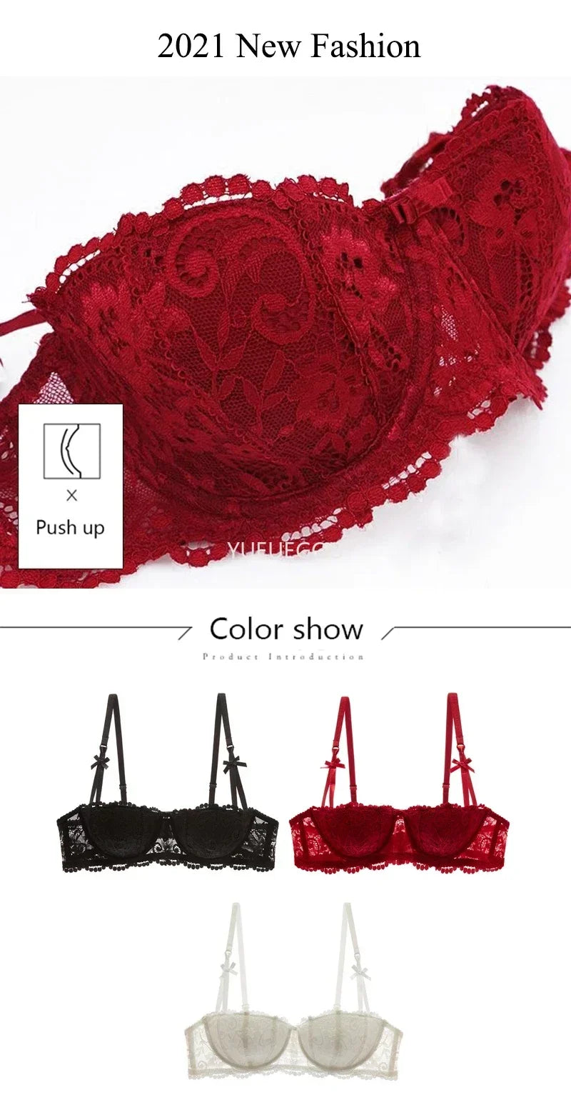 A B Cup Balconette Push Up Bra - Sexy Lingerie Half Cup, Enhance Cleavage, Soft Comfort Fit, Red/Black/White