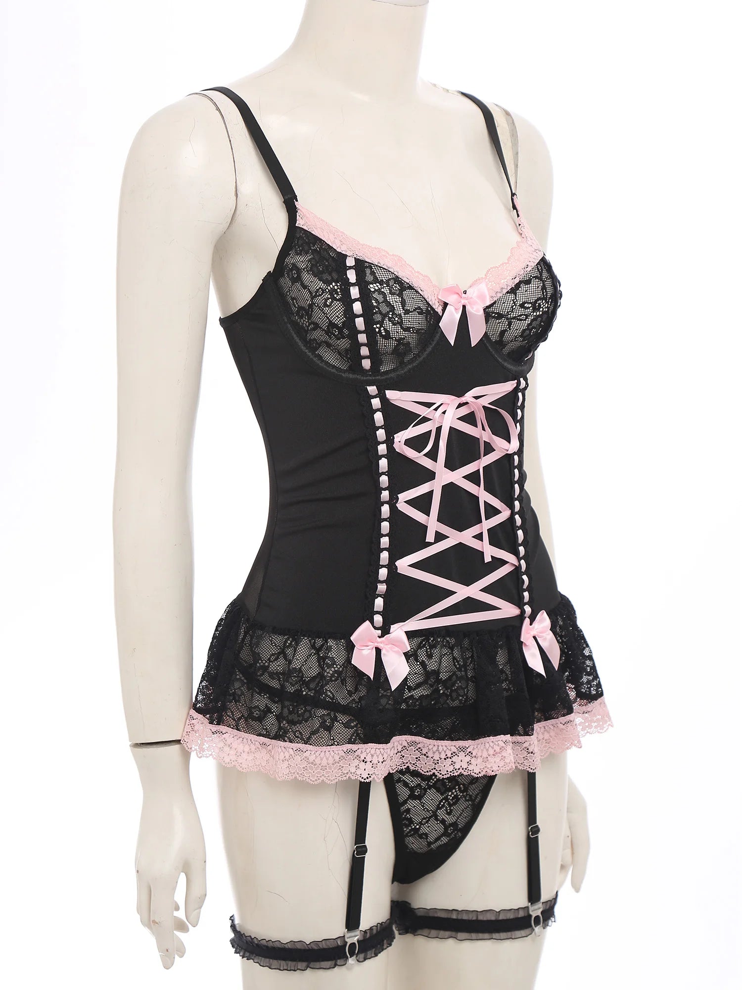 Womens Lingerie Bra And Panty Garter Set Floral Lace Bowknot Lace-up See-through Dress Top with G-string Garters And Thigh Loops
