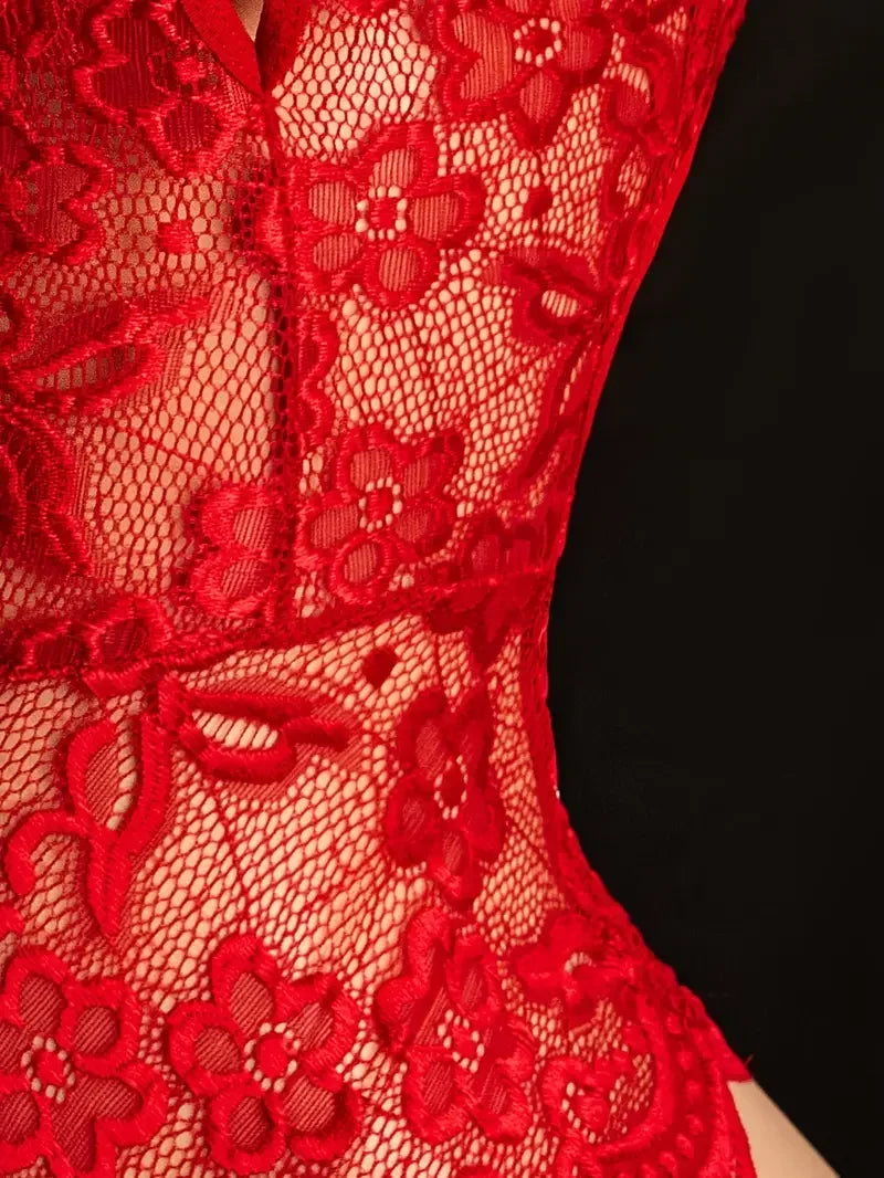 Sexy Lingerie For Women Deep V Crotchless Babydoll Dress Lace Bow Knot Open Bra Bodysuit Erotic Costumes Female Porno Underwear