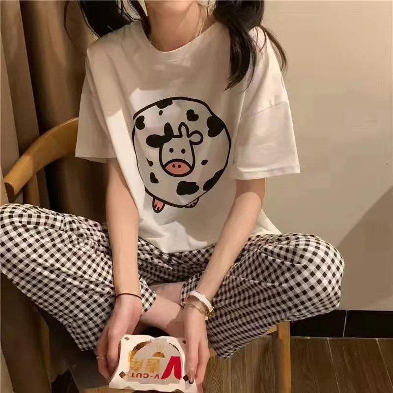 Women Pajamas Two-pcs Set Homewear Sleepwear Pajama Set Summer Ladies Comfortable Clothing Girls Cartoon Half-sleeved Long Pants
