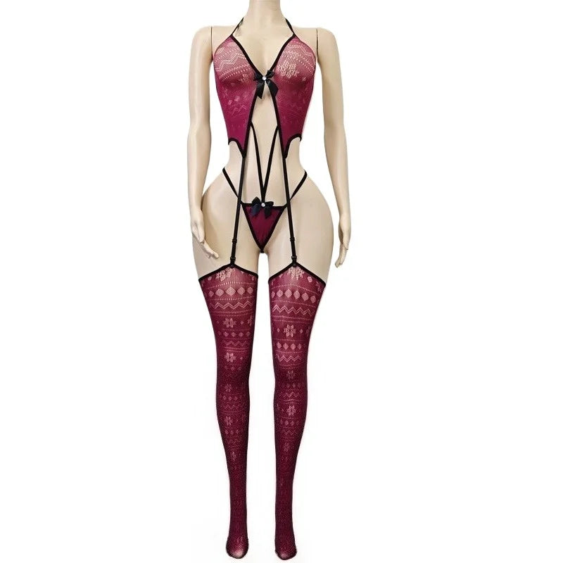 Womens Sexy Mesh Lingerie Sets Exotic Apparel Sexy Slimming Bodystockings Garter Erotic Lace Underwear Bodysuit