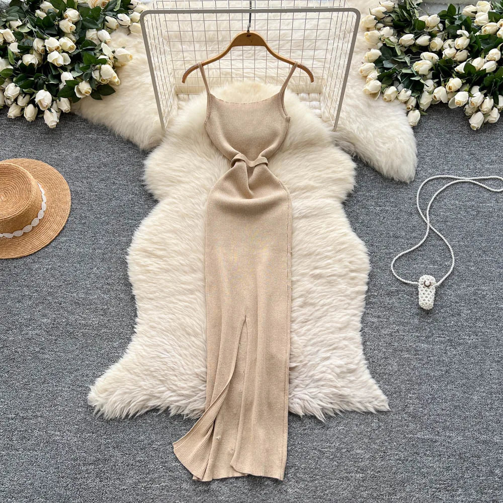 Sexy Knitting Split Long Dress Sleeveless Sequins Diamonds With Sashes Skinny Sundress 2025 Fashion Women Summer Dress