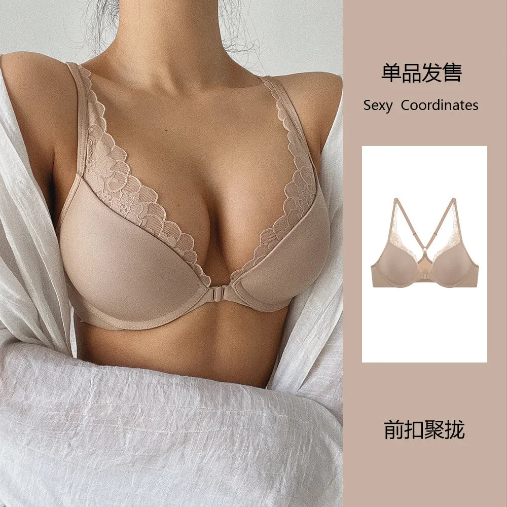 Front Closure Lace Gathered Sexy Bra Breathable Thin Hollow Out Push Up Women's Bras Summer Seamless Lingerie
