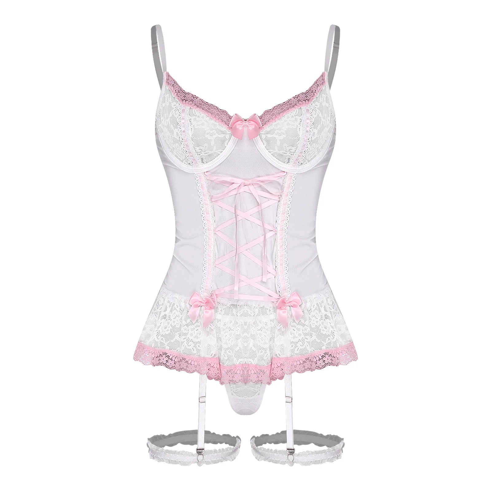 Womens Lingerie Bra And Panty Garter Set Floral Lace Bowknot Lace-up See-through Dress Top with G-string Garters And Thigh Loops