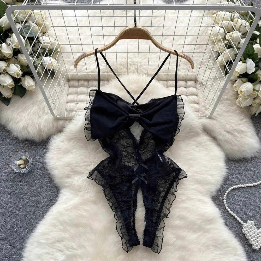 Backless Hotsweet Bow Lingerie For Women See Through Mesh Sexy Bunny Costume Lingerie Bodysuit 4 Piece Jumpsuit Spot Lace Cospla