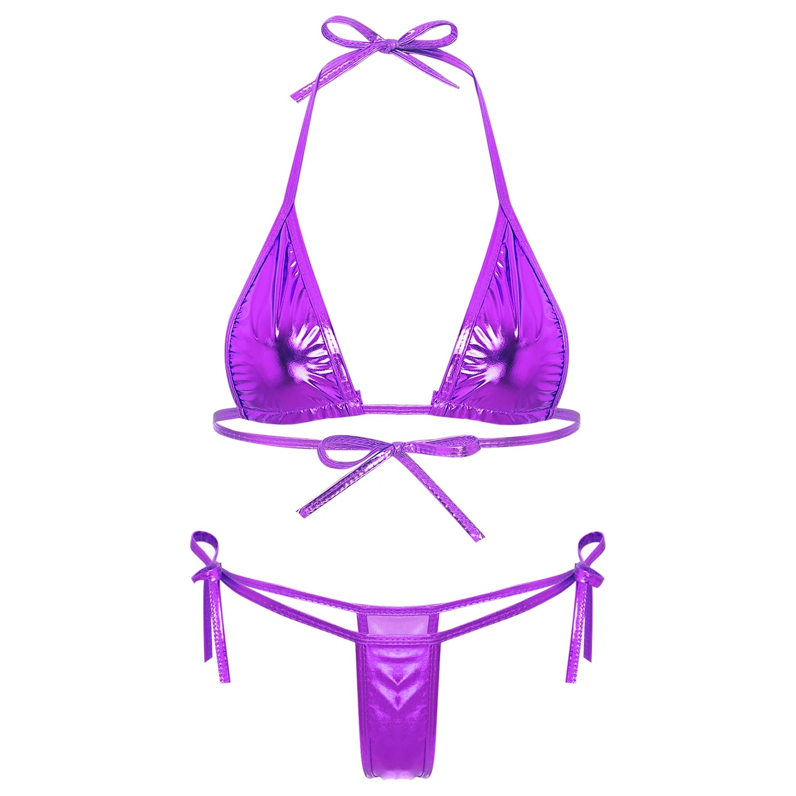 Womens Brazilian Micro Bikini Swimsuit Metallic Shiny Lacing Non-Padded Triangle Cup Bra Top with G-String Swimwear Biquini Set