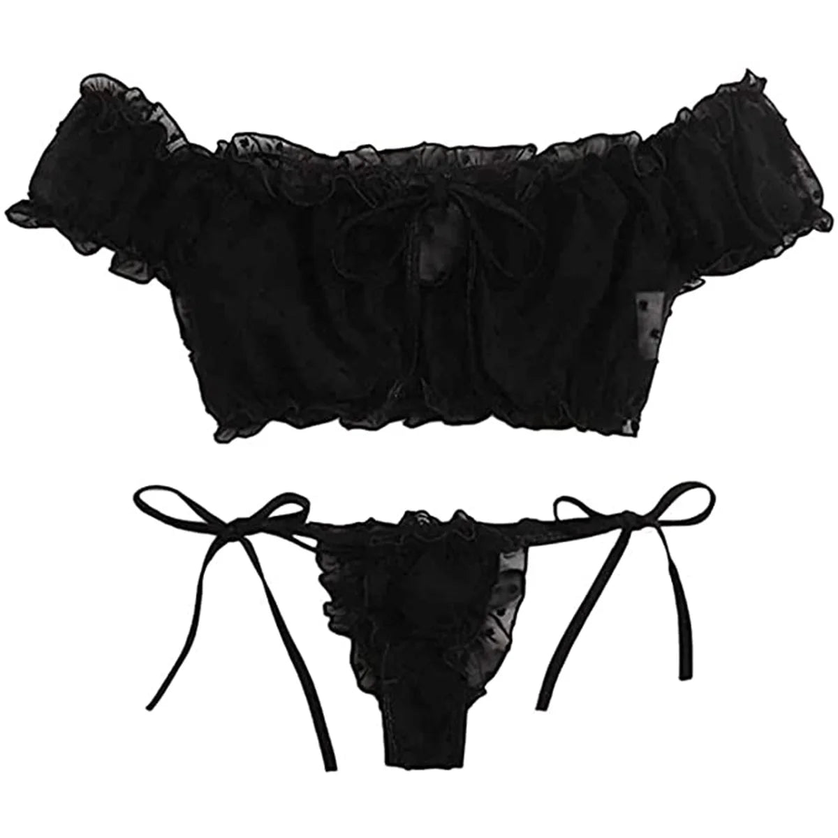 Women's Sexy Lingerie Set Mesh Lace Ruffle Cute Dot Transparent Bra and Panty Wireless Thong Bandage Exotic Sets