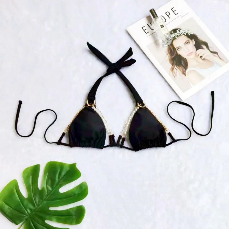 Bikini swimsuit with separate metal cover-up, women's halter neck backless swimwear made of highly elastic fabric