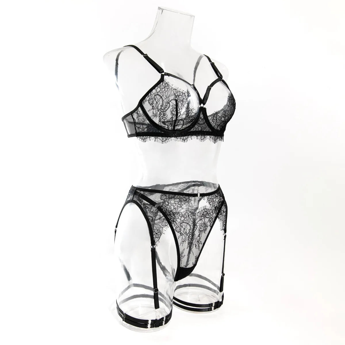 Sexy Lingerie Seduction Set Sexy French Eyelash Lace Hollow Bra Garter Belt Four Piece Bodysuit Sets Charming Beautiful EM6S