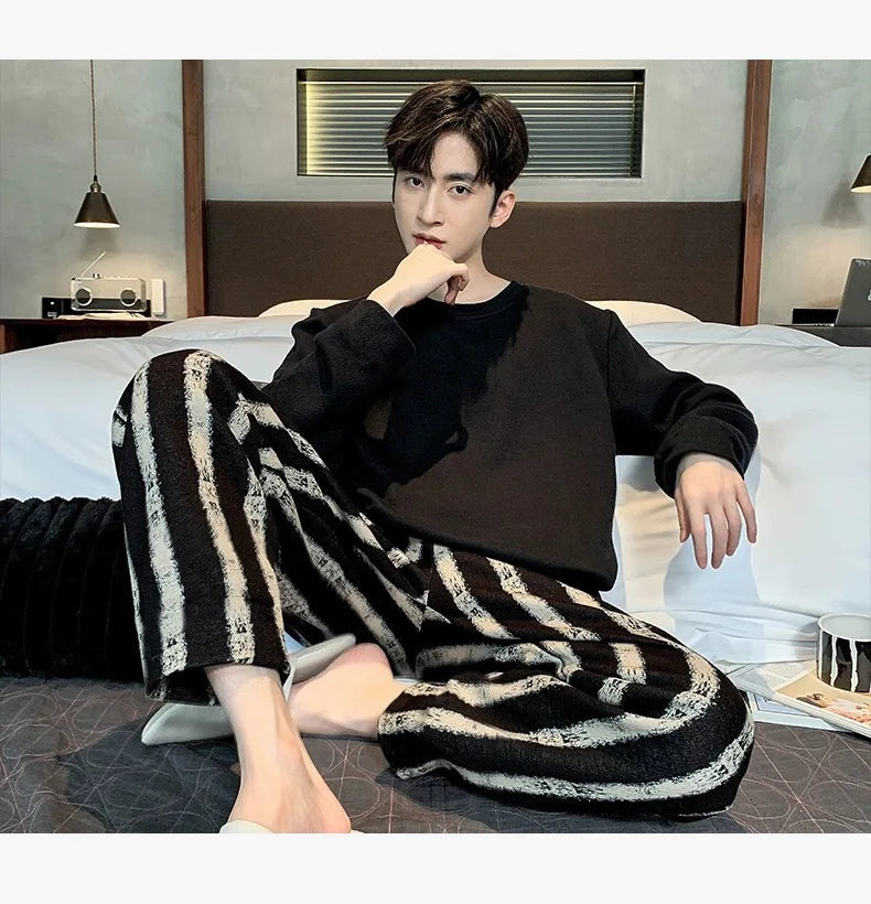 Men‘s Pajama Set Long Sleeve Black Striped Fall and Winter Youth Student Nightwear Loungewear Two Piece Set Sleepwear Homewear