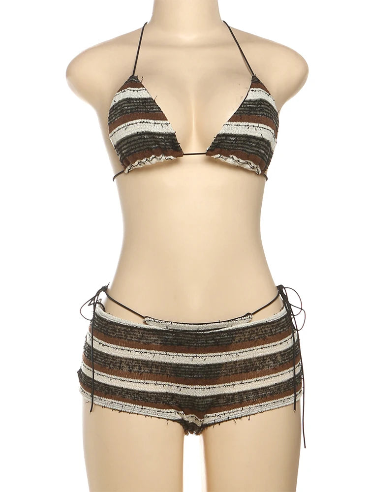 kliou Stripe Bandage 3 Piece Set Women Summer Swim Outfits Halter Cleavage V-neck Bikini Tops+Underwears+Pleated Skinny Shorts