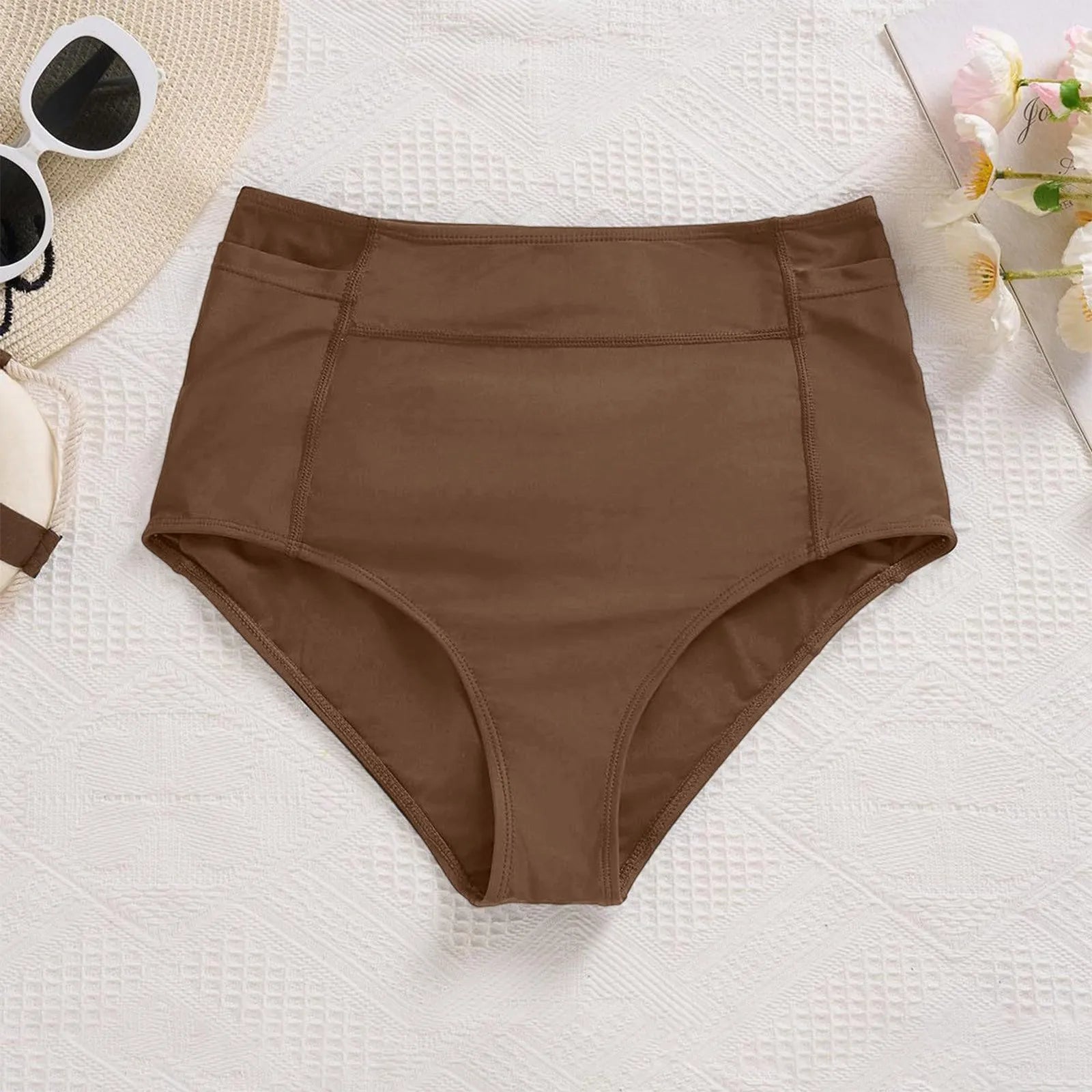 Women's High Waist Swimming Bottoms, Vintage Basic Bikini, Full Coverage Split Swimsuit Briefs, Swimming Trunk with Pockets