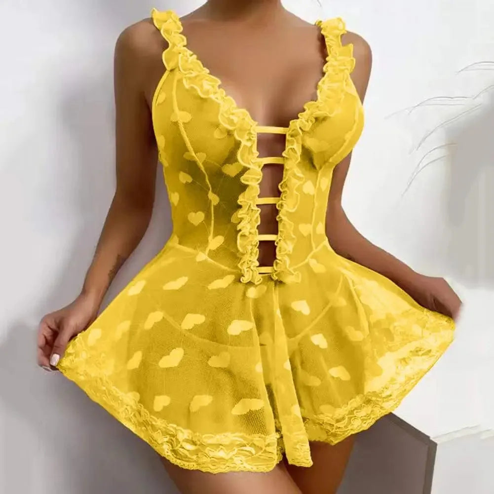 Romantic Lace Sexy Lingerie Babydoll Nightgown for Women with Ruffles Hollow Open Bra Design Love Sex Theme Seductive Erotic Cos