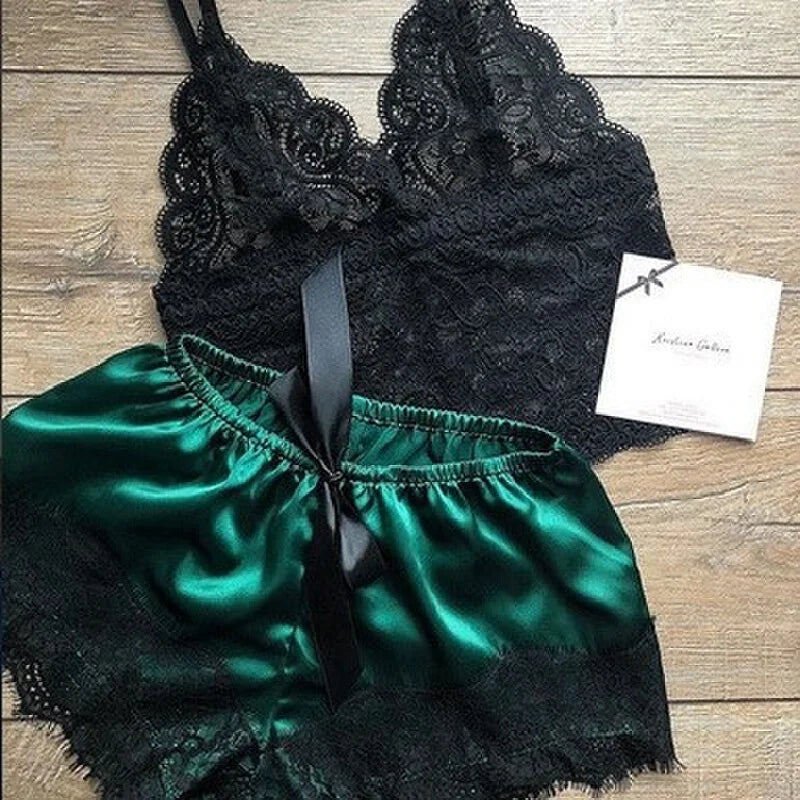 Mengya Women Lace Satin Two Piece Lingerie Set Spaghetti Strap Camisole Silky Lace Trim Shorts Nightwear European American Style