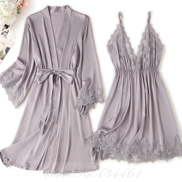 Sexy Lace Twinset Robe Set Nightgown Silky Satin Home Dress Lounge Wear Summer Female Sleepwear Kimono Bathrobe Gown Lingerie