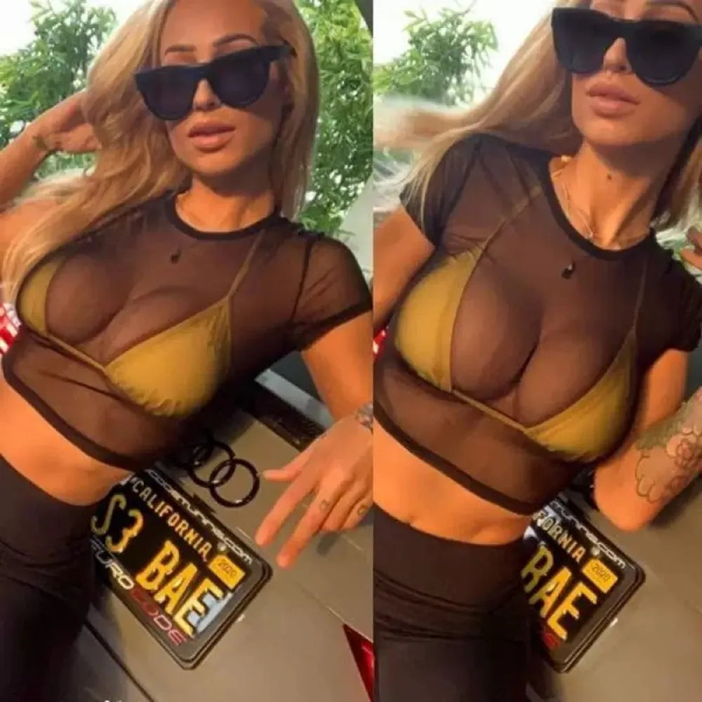 Summer Swimsuit Tops Women Sexy Bikini Swimwear Sexy Mesh Short T-shirt Beachwear Tight Crop Tops Black White T-Shirt Blouse Y2K