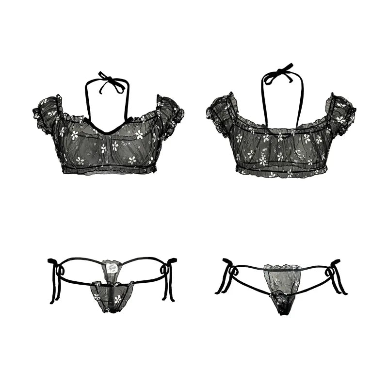 Two Pieces Bra and Panty Set Ruffle Lingerie Set for Women,Mesh See Through Babydoll Chemise