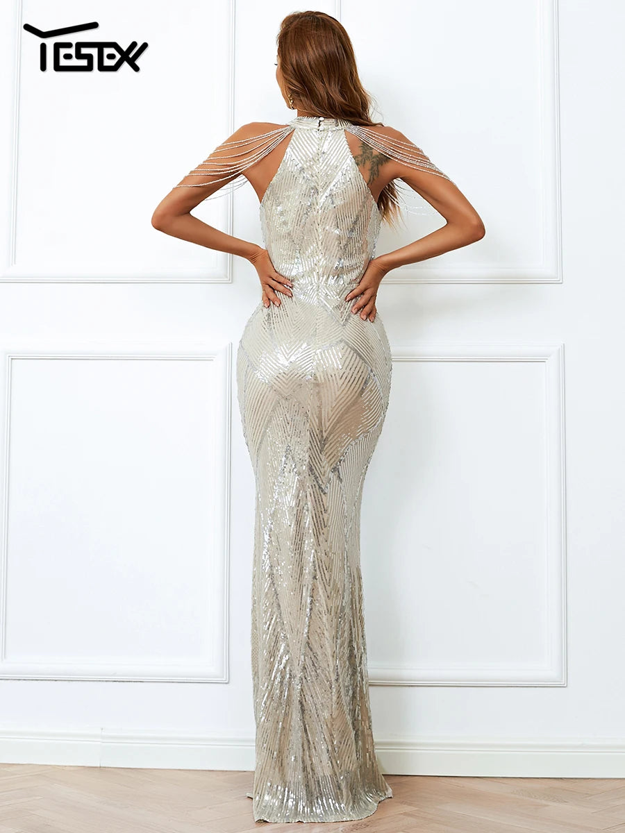 Yesexy New Robe Summer Dress Women Party Sexy Halter Sequin Beaded Maxi Elegant Evening Vestidos Bodycon Long Dresses