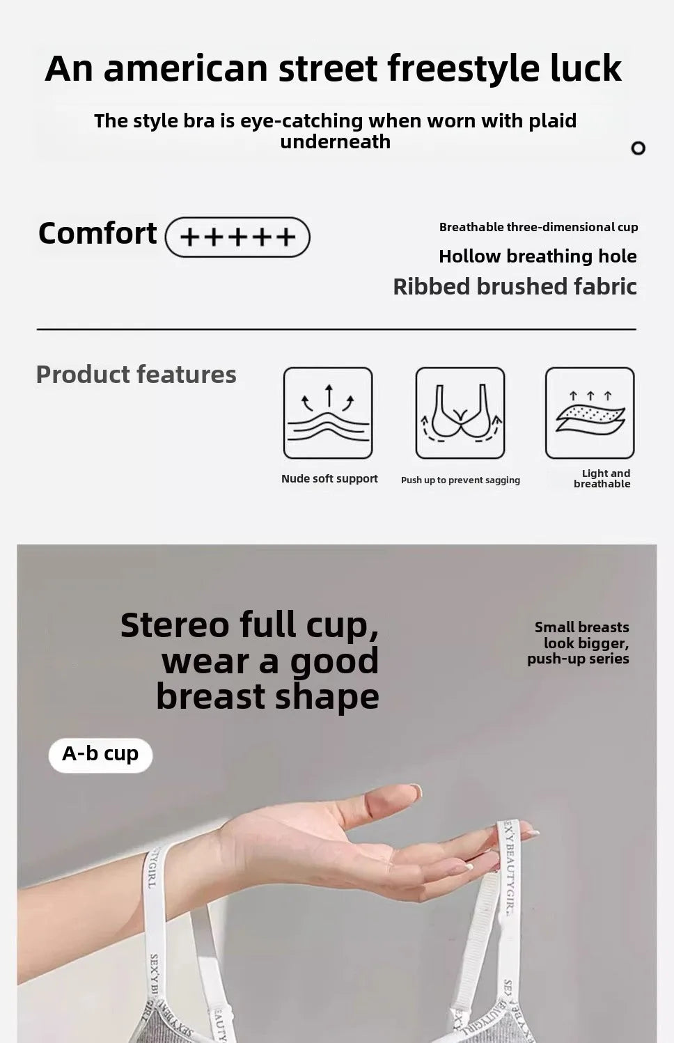 6cm Thickened Push-Up Bra for Small Chest Wireless No Steel Ring Anti-Slip Pads Seamless Invisible Adjustable Straps