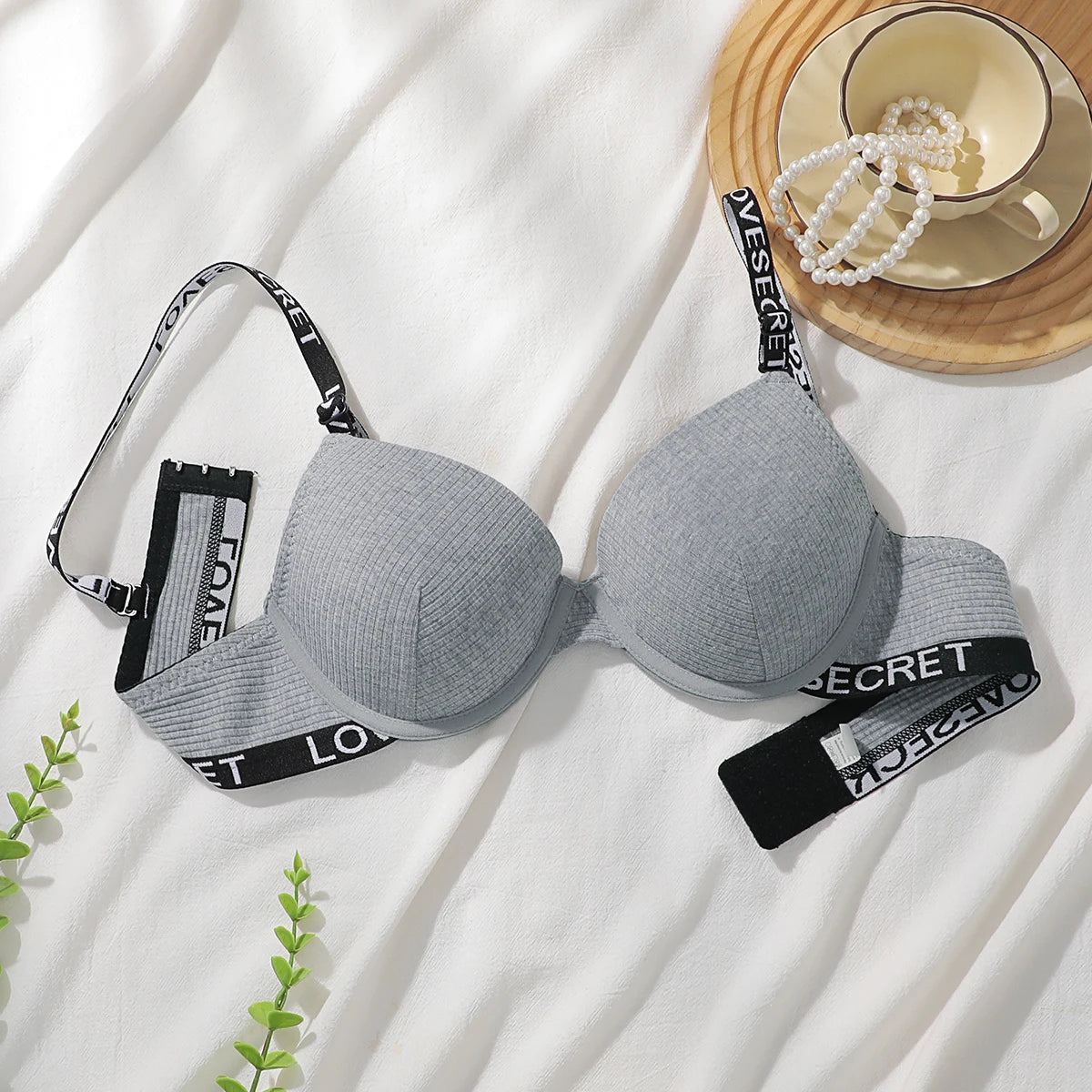 Women Ribbed Push Up Bra with Letter Print Adjustable Straps Underwire Comfort Bras Breathable Padded Cup Intimates Lingerie