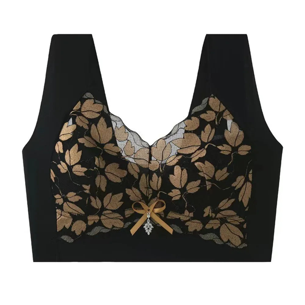 Breathable Leaf Lace Deep V Bras Zircon Bowknot Push Up Bras Big Cup Gathered Breasts Brassiere for Women Girls