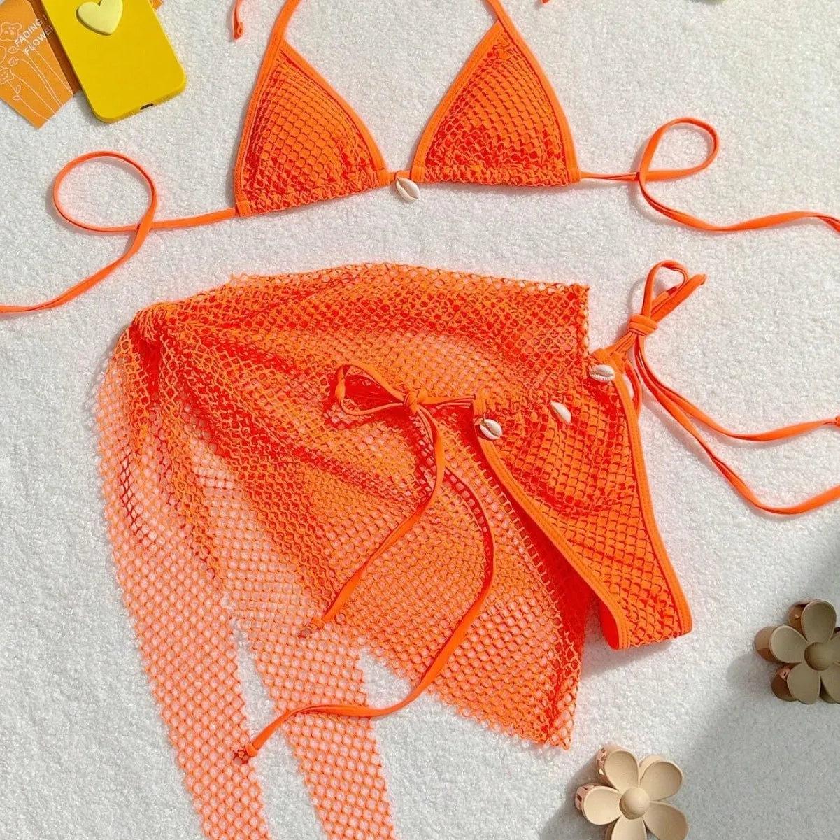 Sexy Mesh Bikini Swimsuit Three Piece Set Women Separates