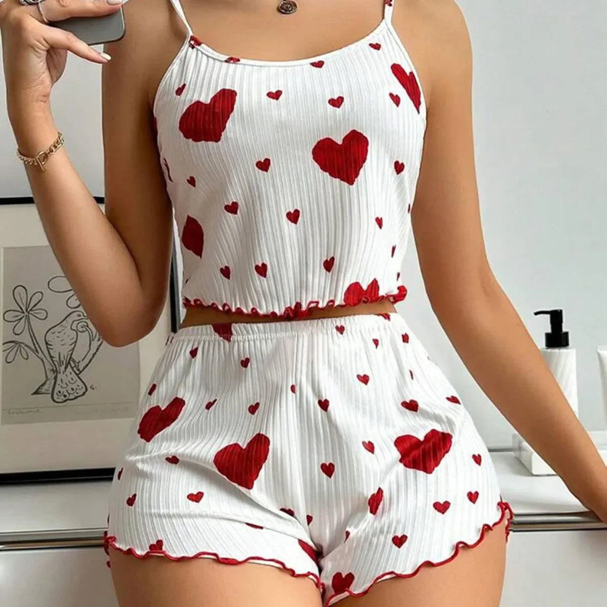 Women's Pajama Set Sexy Cute Kawaii Pajamas Women suspenders Sun-Tops Loungewear Set Shorts Y2K Lolita Heart Silk Sleepwear