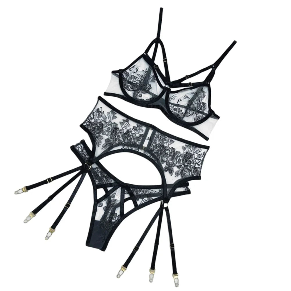 See-through Bra Set For Women Sexy Lingerie Flroal Black Bra Brazilian Underwear Set Japanese Woman Panties Women's Swimsuit