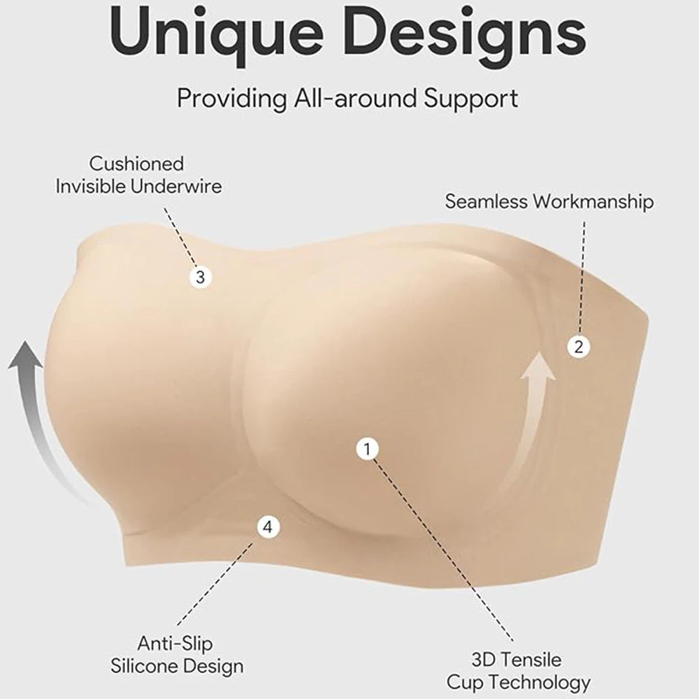 Strapless Bras For Women No-Slip Bandeau Push Up Wireless Bralette Comfy Seamless No Underwire Padded Jelly Tube Top Bra