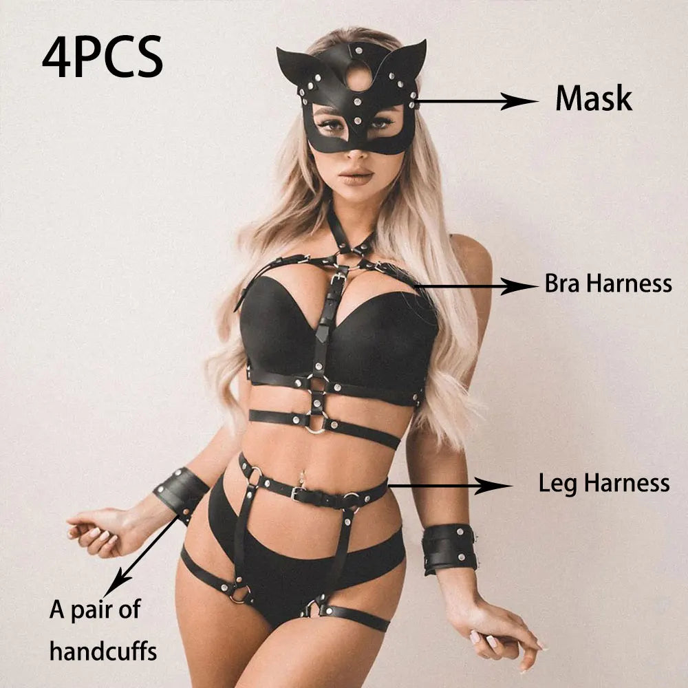 Sexy Leather Harness Women Chest Lingerie with Chain Strap Bondage Garter Belt Bdsm Gothic Fetish Clothing Leg Garter Stockings