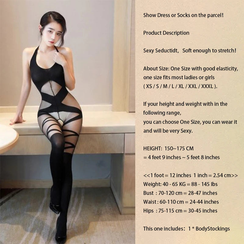 Erotic Lingerie Women Transparent Bra Set Sexy Catsuit Open Crotch Body Stockings Halter Backless Bodysuit Teddy Underwear Set