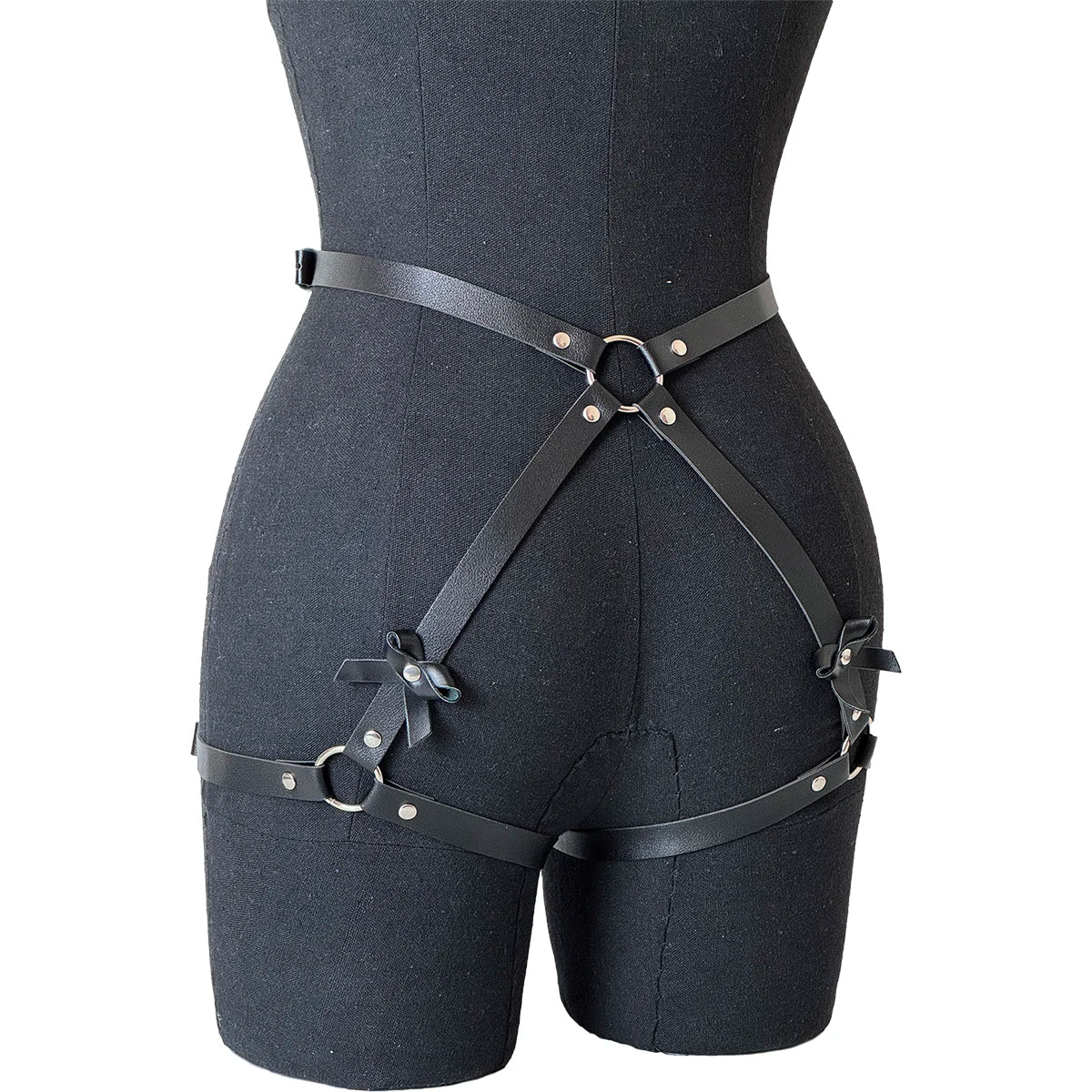 Women PU Leather Decor Harness Sexy Bow Bondage Suspender Erotic Lingerie Thigh Garter Belt Adjustable Waist Accessories