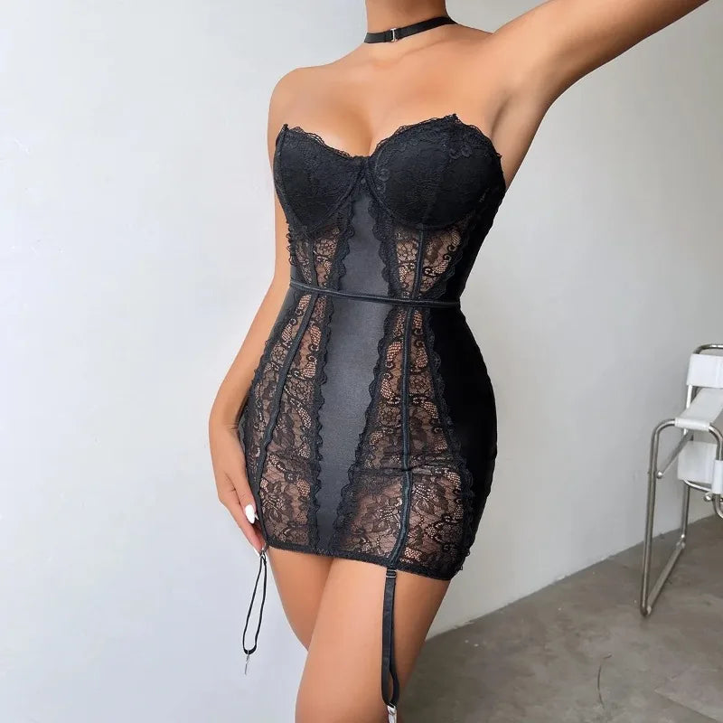 Women's Lingerie Sexy Nightwear Lace Spliced Sensual Night Dress Strapless Backless Babydolls Garter Club Sexy Erotic Costumes