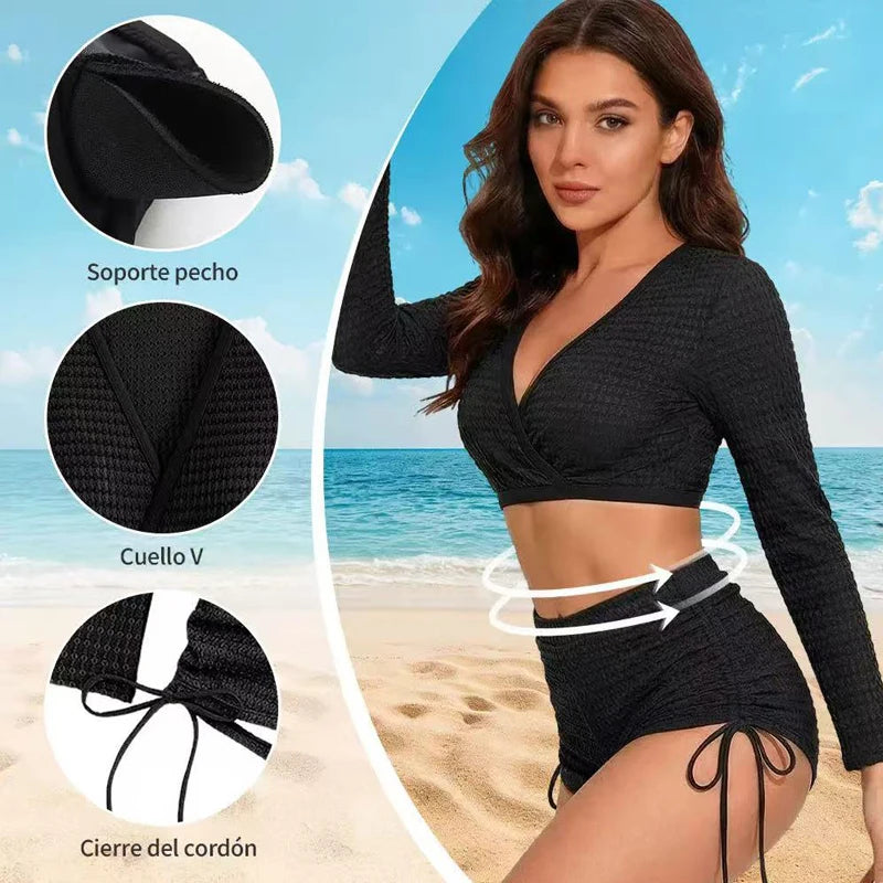 Sexy Long Sleeve Bikini 2 Piece for Women Textured V Neck Crop Top High Waisted Drawstring Swimwear Push Up Bathing Suit