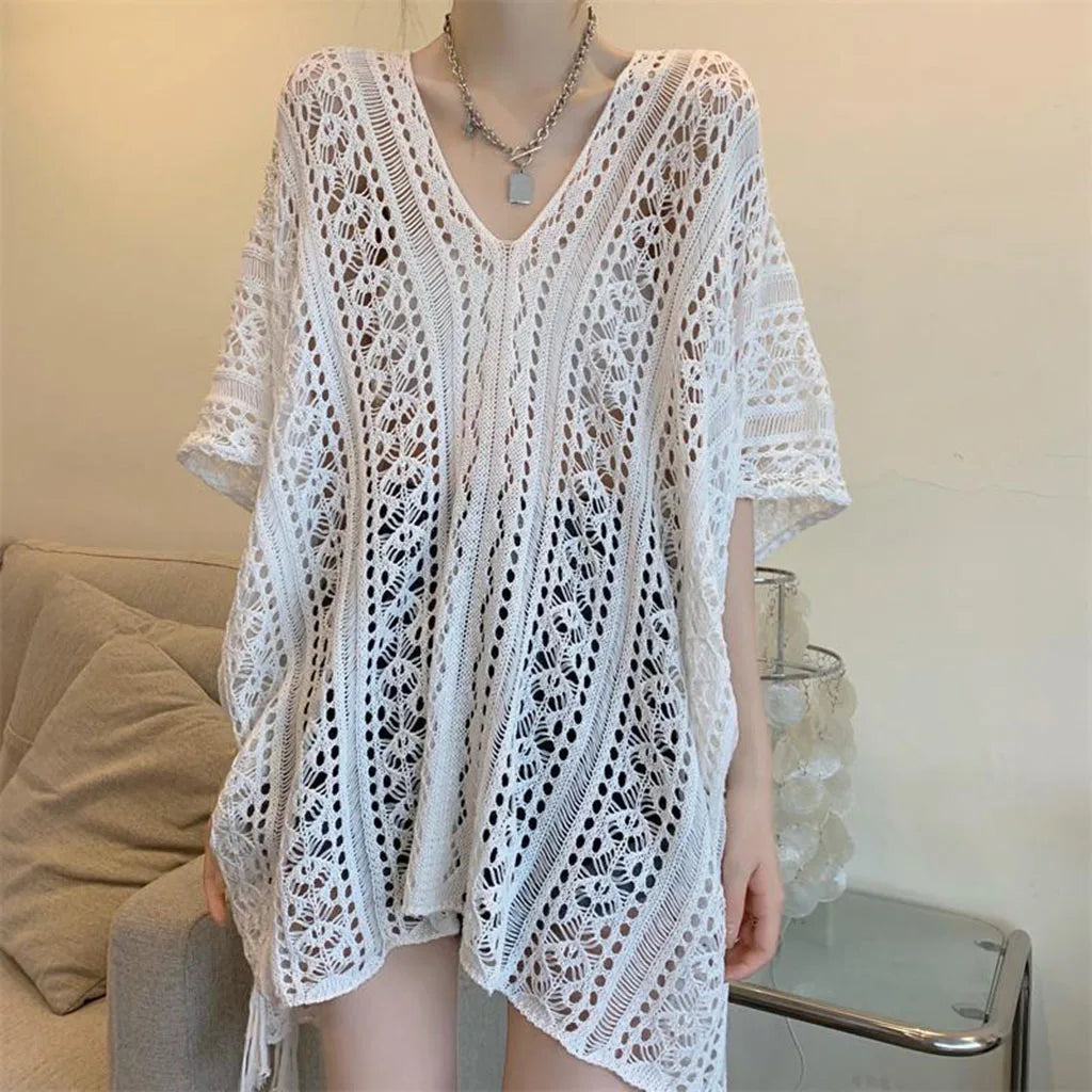 Women's Swimwear Crochet Lace Beach Cover Up Bikini Swimsuits Knitted Cover Up Dress Womens Swimsuit V Neck Side Split Beachwear