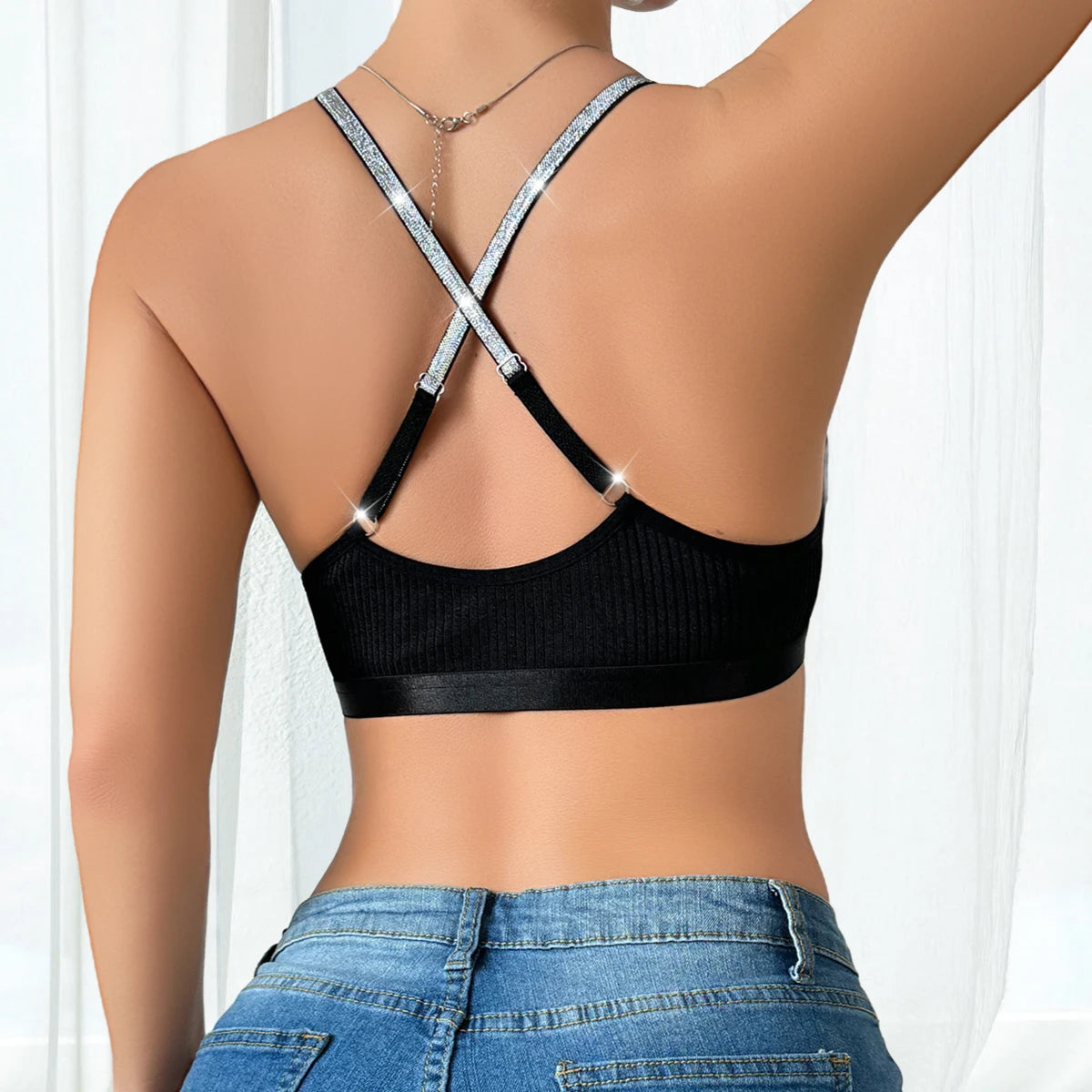 1pcs Ribbed Sexy Women's Bras Cross Shoulder Straps Sexy Lingerie Wire-Free Padless Bras Push Up Brassiere Fashion Underwear