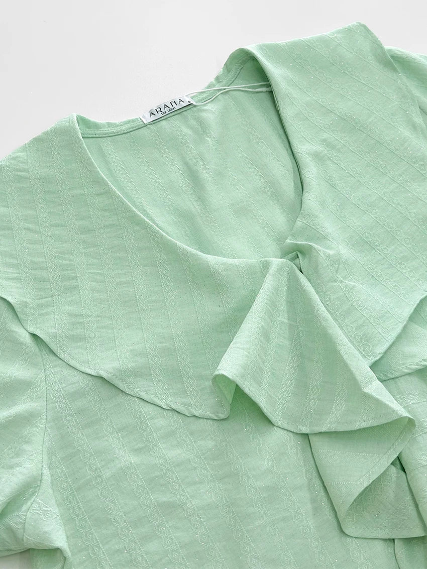 Women Linen Pajama 2 Piece Set Short Sleeve Front Ruffle Shirt PJs Pants Lounge Cute Sleepwear Casual Homewear Set