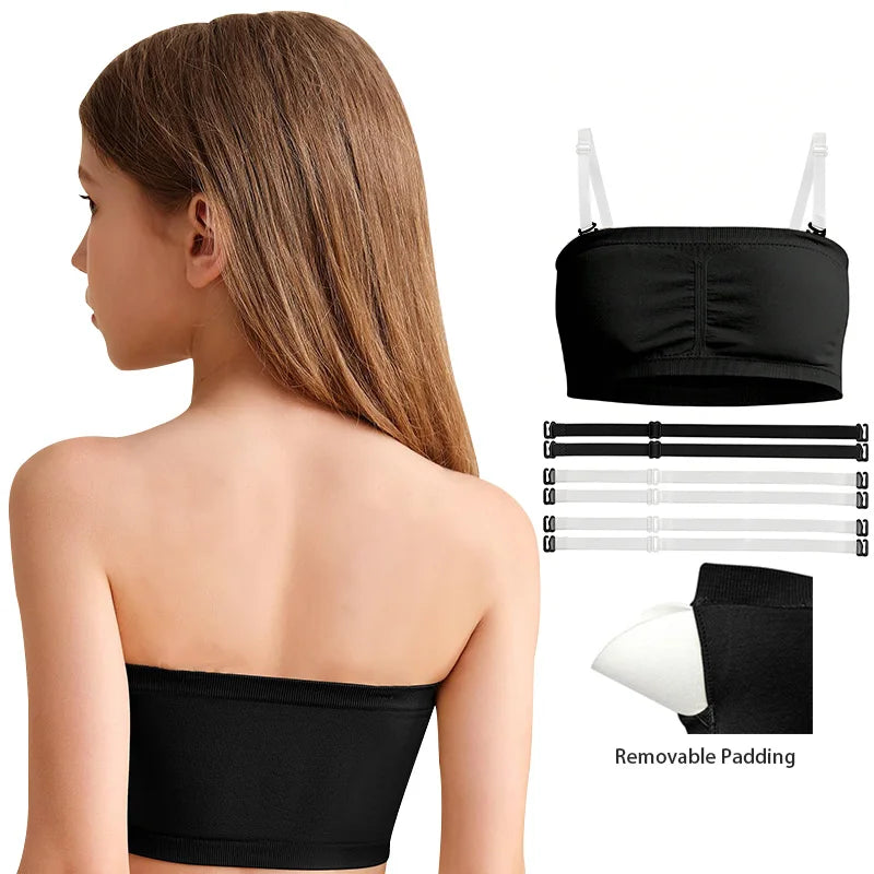 Girl Ballet Dance Bras Seamless Wireless Elastic Bras Adjustable Replace Clear Straps Removable Sponge/Silicone Chest Padding ﻿