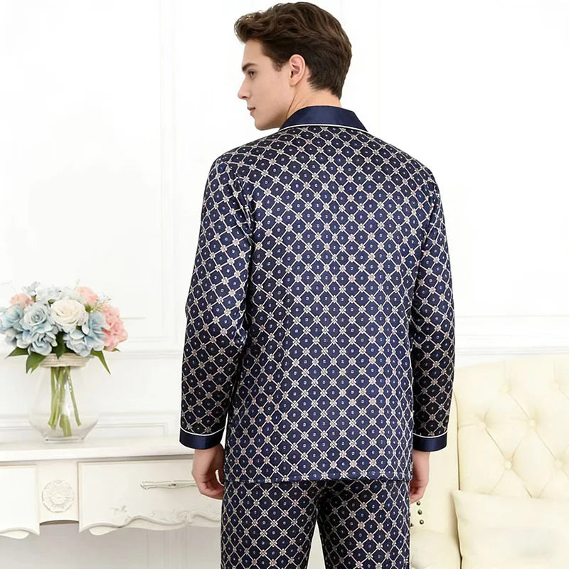2PCS Men's Geometric Print Pajama Set Loungewear Spring New Thin Polyester Ice Silk Sleepwear Plus Size Homewear Pijamas Suit