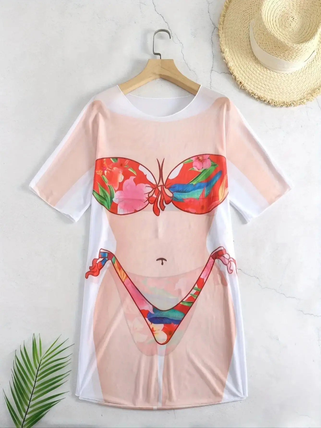 Bikini Cover-Up for Women, Hot Spring Resort Swimwear, Outer Cover-Up, Beachwear, Half-Sleeve Mesh Skirt, Red Floral Print