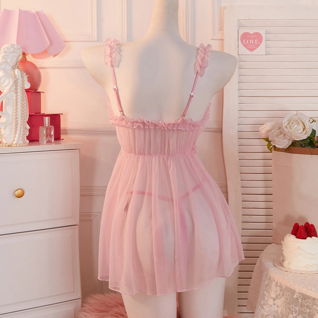 Sexy Babydoll Dress Women Lingerie See-through Sling Wedding Nightdress And T-back Set Elegant Cute Sleepwear For Date Surprise